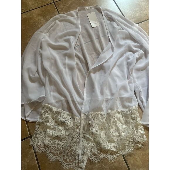 NWT Ekouaer L Sheer Lace Open Robe Lingerie Duster White - Picture 1 of 3